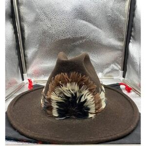 VTG Wool Fedora Hat Men 7 1/4 Brown Wide Brim Feather Band Western Cowboy Outlaw